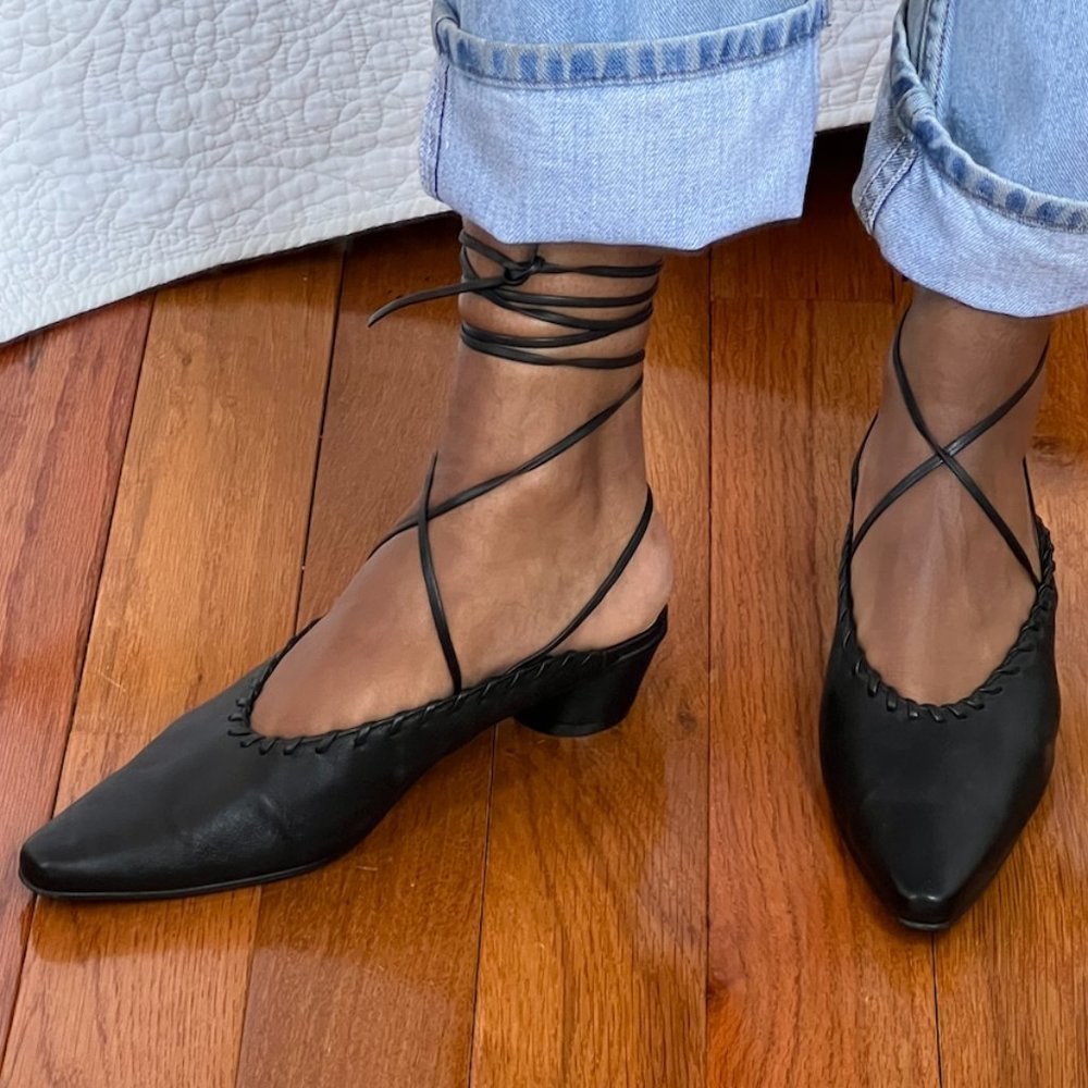 Reike Nen Low Heel Black Leather Mule with Ankle Tie